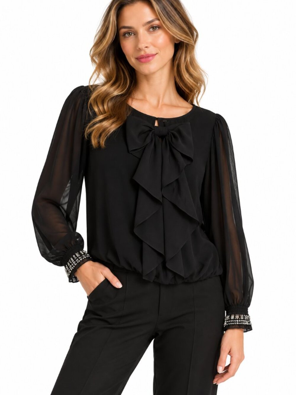 River Island Black Sheer Sleeve Bow Blouse Size 12 Rhinestone Cuffs